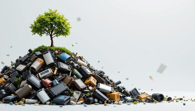 Electronic Waste Pile with Growing Tree Environmental Recycling Concept