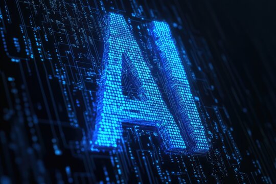 A blue logo with the letters "AI" made of digital data streams, representing artificial intelligence and technology on a black background.