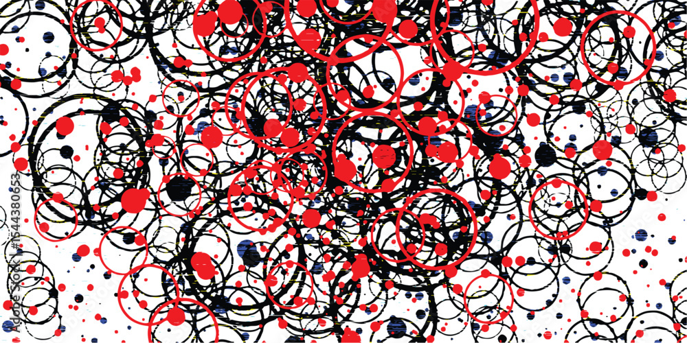 Poster abstract artistic arrangement of circles with black lines and contrasting colors depicting a visual 