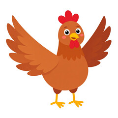 Cheerful Chicken: A charming cartoon depicts a happy, brown chicken with wings outstretched in a welcoming pose. With bright eyes and a cheerful expression.