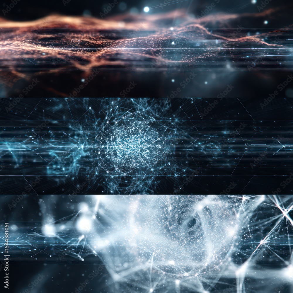 Poster dynamic abstract designs used to visualize tech concepts, enhanced by modern technology tools.