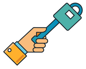 Hand holding a key with padlock silhouette flat design illustration