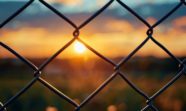 Chain Link Fence Silhouetted Against Vibrant Sunset with Blurred Landscape in Background