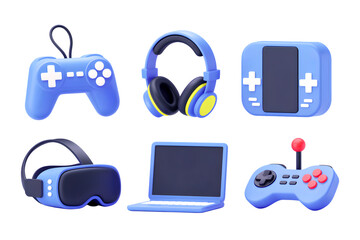 3d gaming gadgets icon set. Video Game Essentials, 3D Rendered Console, Controller and VR Headset isolated on transparent background. Cartoon plastic style. PNG file, cut out