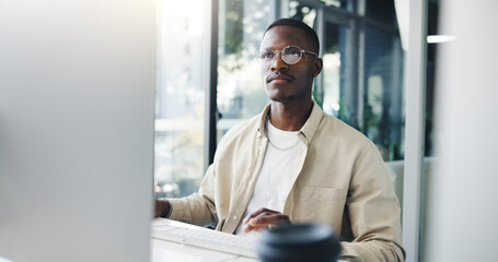 Computer, research and black man in office with online contact for approval of creative project....