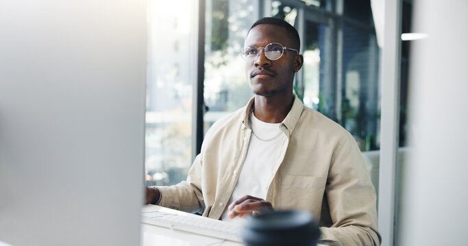 Computer, research and black man in office with online contact for approval of creative project. Reading, email and African male copywriter with article for publishing on technology in workplace.