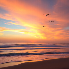 Golden sunset paints the sky and sea over the beach as birds fly towards the horizon