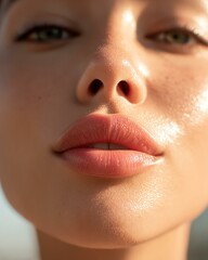 realistic lip care moments Close-up of a radiant woman's face showcasing healthy skin and natural beauty in soft sunlight.