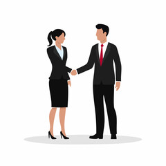 Flat vector of a businessman and businesswoman shaking hands in black silhouette, symbolizing professionalism, partnership, and cooperation in business