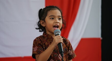 Young girl singing passionately on stage during a cultural event with vibrant backdrop