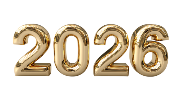 Shiny gold 2026 numbers isolated on transparent background