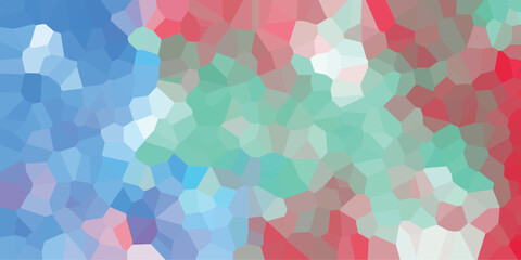 Abstract geometric mosaic background featuring polygonal shapes in a blend of blue, green, and red hues, showcasing a visually appealing artistic design.