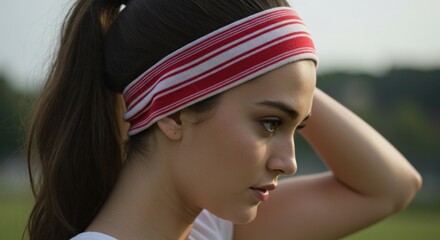 Young woman adjusting her headband during outdoor exercise in a serene park
