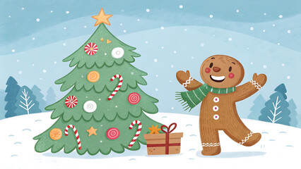 Whimsical Christmas Scene Gingerbread Man by Decorated Tree Present Holiday Joy Festive Season Childrens Illustration Happy Winter