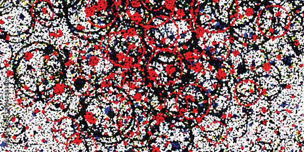 Poster abstract textured artwork featuring vibrant red and black circular patterns and colorful dots on a s