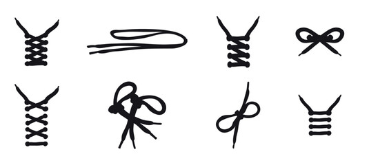 Rope knots vector set,  Different shoestring vector. Stylized vector icon of knotted shoelaces in a bow tie shape, ideal for fashion, sneakers, shoes, and footwear design, Vector illustration
