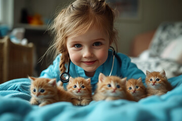 Obraz na płótnie Canvas A young girl, dressed as a doctor, is caring for a group of adorable kittens on a soft toy bed. She uses a toy stethoscope and displays a loving expression as she pretends to check their health