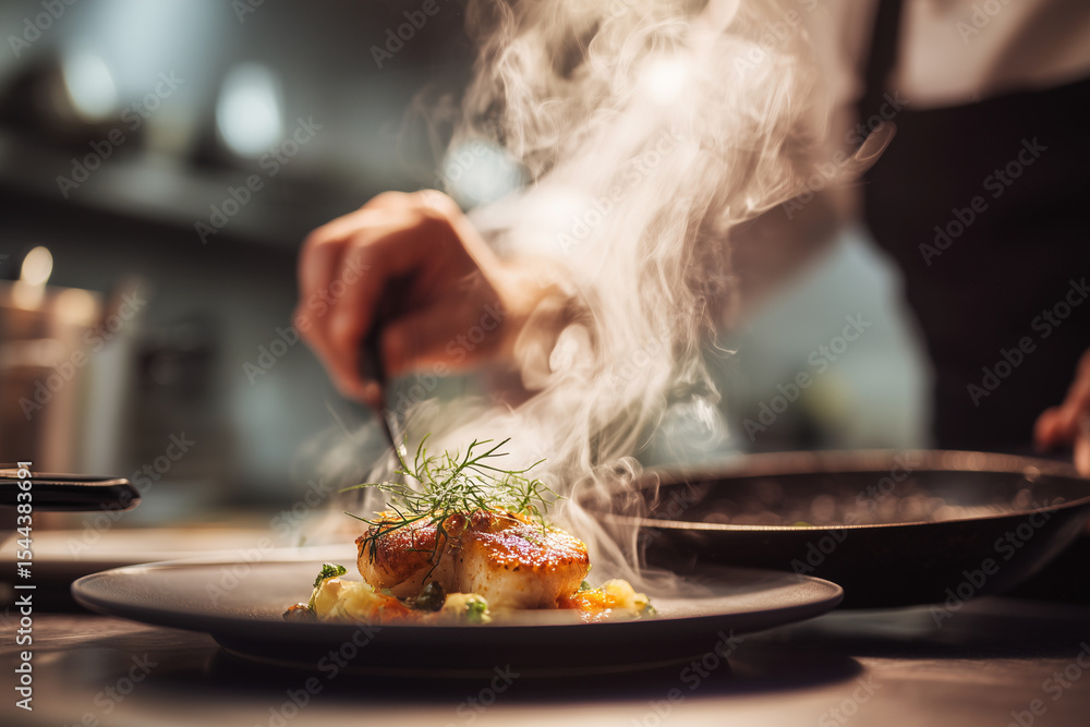 Poster a chef is cooking a dish with a lot of steam coming out of it. the dish is on a black plate and the 