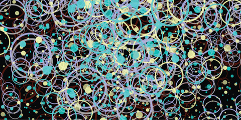 Colorful abstract artistic composition featuring overlapping circles and dots against a dark background creating a dynamic design