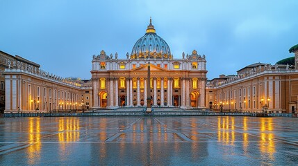 Obraz premium St. Peter's Basilica at dawn, bathed in golden light, reflecting on a wet plaza