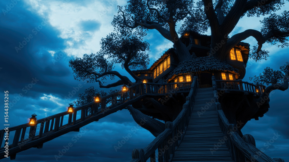 Poster magical treehouse at dusk with glowing windows and warm lights in a serene natural setting