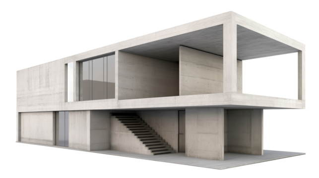 3D illustration of a modern concrete building isolated on transparent background. PNG