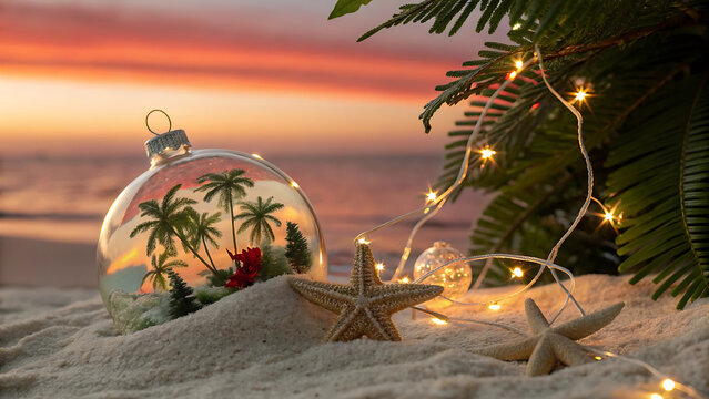 Tropical Christmas Ornament on Beach at Sunset with Starfish and String Lights Festive Seaside Holiday Celebration