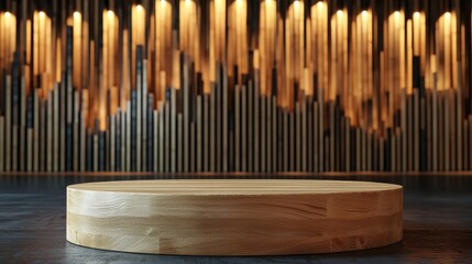 Modern stage design with wooden textures and dramatic lighting.