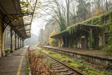 Obraz premium Old abandoned railway station platform with overgrown vegetation and moss covered tracks