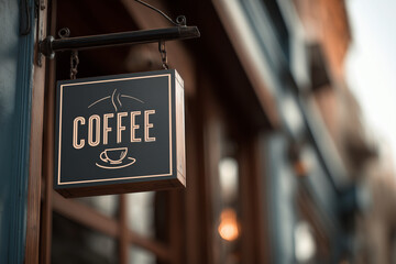 A sign for a coffee shop with a cup on it. The sign is hanging on the side of a building