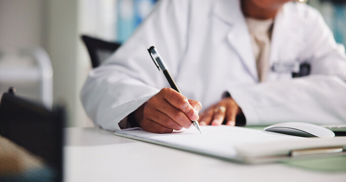 Doctor, hands or writing with letter for prescription, diagnosis or sick note at clinic desk. Nurse, healthcare worker or pen with book for medical treatment or pharmaceutical script at hospital - Powered by Adobe