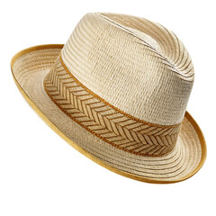 A stylish straw hat with a brown band, isolated on a white background, perfect for summer sun protection and beach fashion