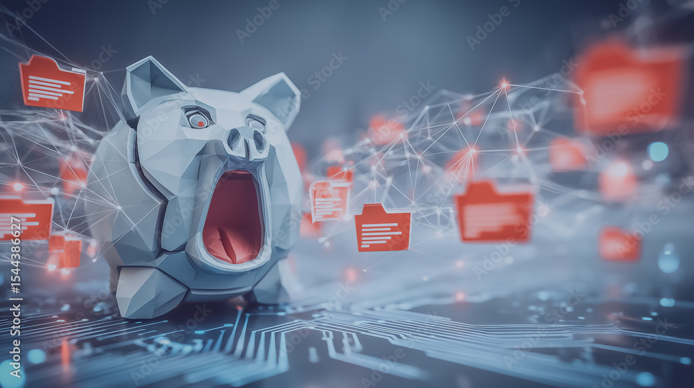 Poster cyber security threat: a polygonal piggy bank with open mouth representing data theft and cybercrime