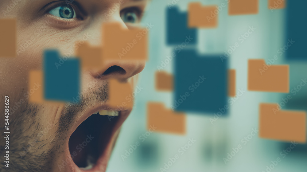 Poster overwhelmed by data stream: a close-up shot of a surprised person amidst floating data folders, conv