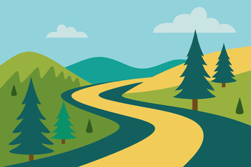 Fototapeta premium Winding Road Through Rolling Hills and Mountains A Scenic Landscape Illustration