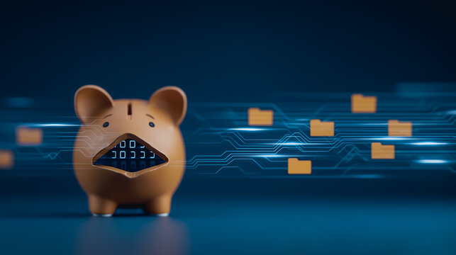 Data Security Piggy Bank: A clay piggy bank with binary code spilling out, symbolizing data security and the vulnerability of digital assets.  The background features a digital circuit pattern.