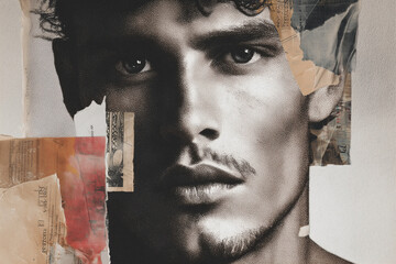 A man's face is drawn in a collage of newspaper clippings. The collage is a mix of different colors and textures, and the man's face is the focal point