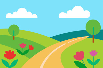 Obraz premium Serene Spring Landscape Winding Road Through Rolling Hills and Tulips