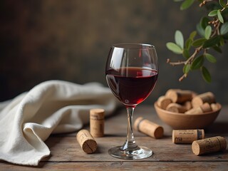 Flatlay Red Wine Glass and Corks on Rustic Linen