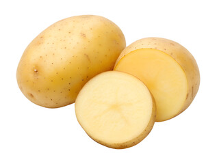Whole and sliced potatoes isolated on transparent background
