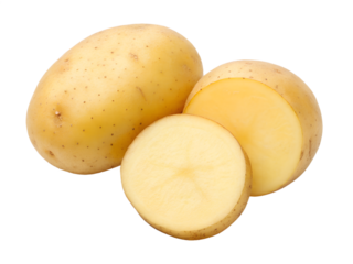 Whole and sliced potatoes isolated on transparent background