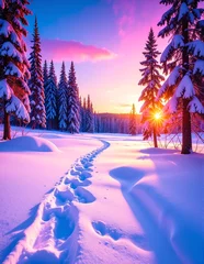 Selbstklebende Fototapeten A serene snowy landscape blanketed in fresh white snow, featuring distinct footprints leading through the glistening snow, surrounded by frosted trees. © Natty