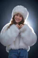 High resolution close up studio portrait of a single caucasian 12 year old girl in white furry...