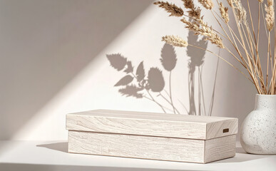 Beige Minimalist Wooden Box with Magnetic Lid and Dried Flowers