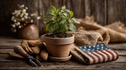 Rustic Gardening Still Life with American Flag