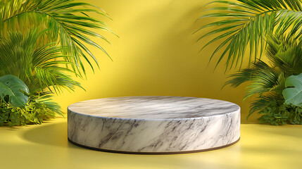 A circular white marble platform with subtle gray veining set against a vibrant yellow background flanked by lush tropical foliage casting dynamic shadows on the surface
