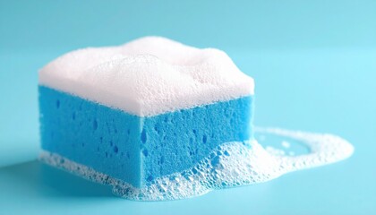 Blue Sea Foam Sponge on a Light Blue Background with Bubbles, Perfect for Cleaning and Household Activities, Eco-Friendly and Vibrant Design
