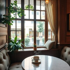 Fototapeta premium Modern interior of a hotel living room with a stunning view through the window, featuring elegant furniture and warm natural light