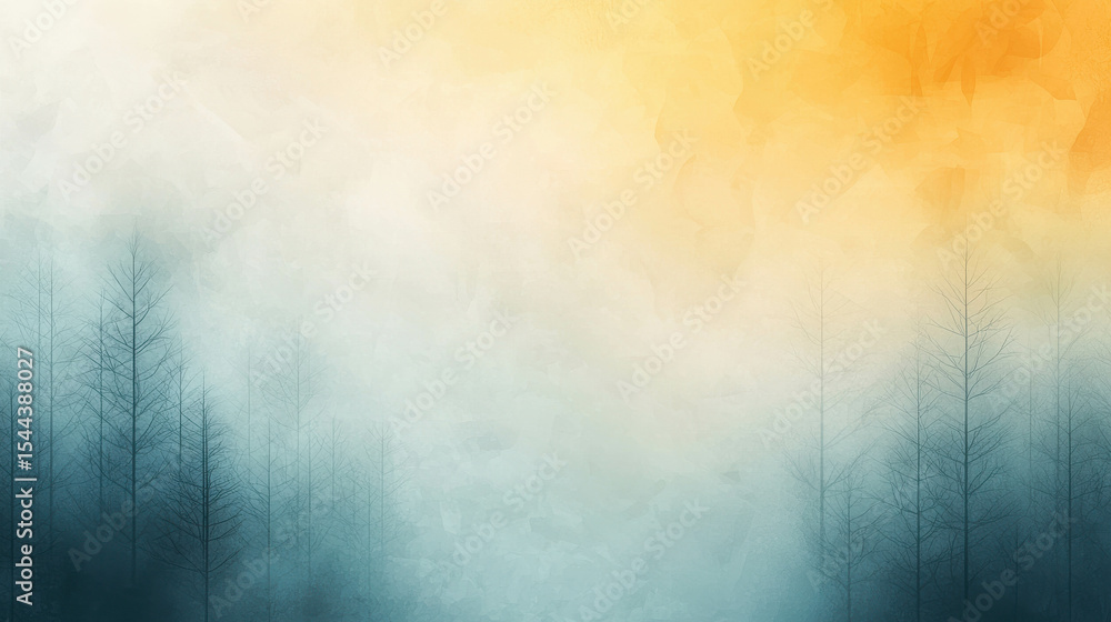 Poster serene abstract landscape with soft gradient colors and subtle tree silhouettes at dawn
