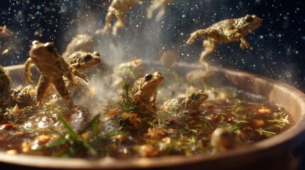 Fototapeta premium A whimsical scene of frogs leaping from a flavorful dish.